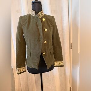 Embellished military style jacket olive green velvet Victorian Regency coat xs